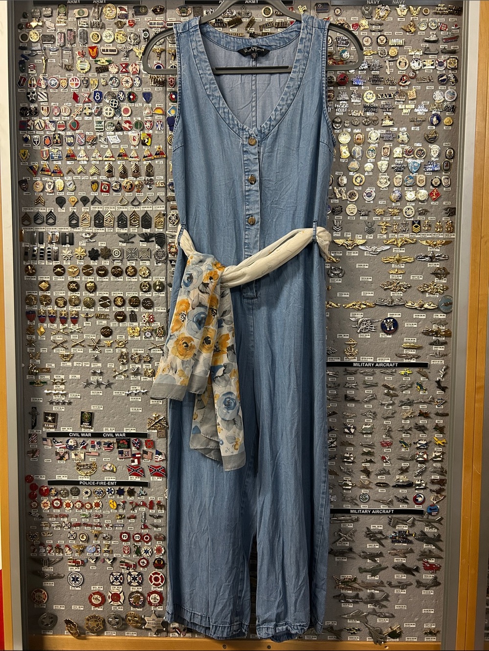 Velvet Heart Light Blue Sleeveless Denim Jumpsuit with Floral Scarf